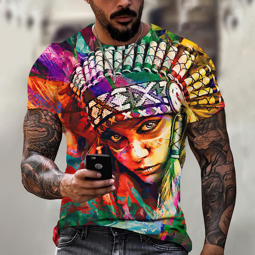 Men's Y2k T-Shirt Short Sleeve Indian Graphic 3D Print Top Oversize Streetwear Fashion Tee Harajuku Hip Hop Vintage Men Clothing