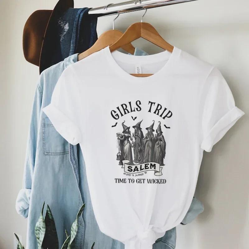 Girls Trip Salem Graphic Tops Cute Funny Witch Tee Cotton Unisex Vintage Fall Halloween Top Short Sleeve Spooky Season Tshirt