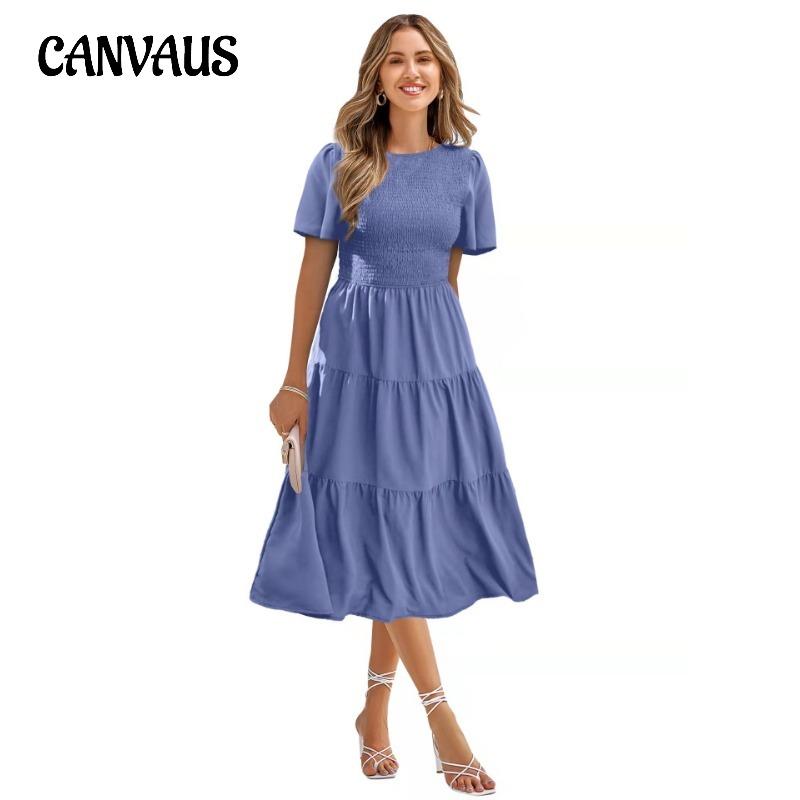 Summer Women's Dress Waist Slim Large Swing Dress Round Neck Range Holiday Dress