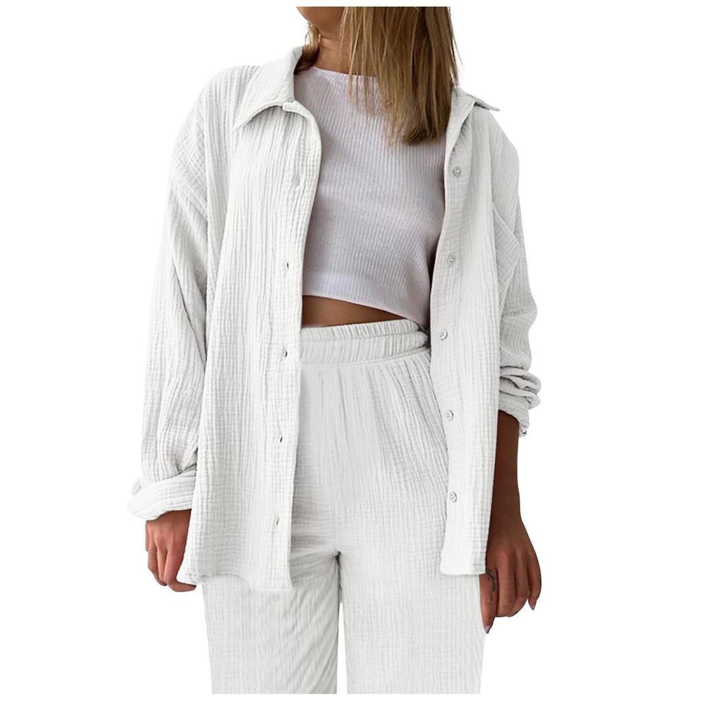 Wrinkled Fabric Women Long Sleeve Shirt Collar Button Down Shirt High Waist Drawstring Shorts Plus Size Casual Two Piece Set