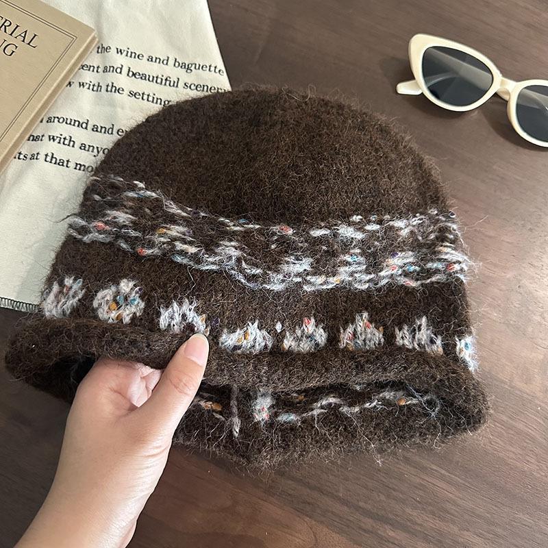Жаккардовая мятая складывающаяся шапка ретро с узором Fair Isle вязаная головной убор осенняя и зимняя холодная шапка открывающая лицо маленькая шерстяная шапка