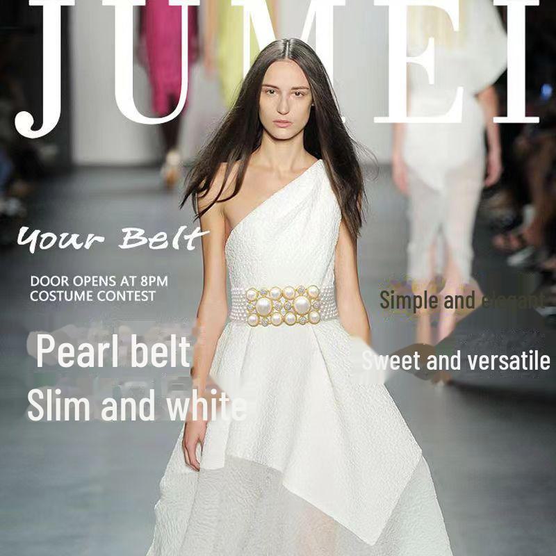 «Элегантный пояс со стразами и жемчугом: Универсальная широкая цепочка на талию для элитных пальто.