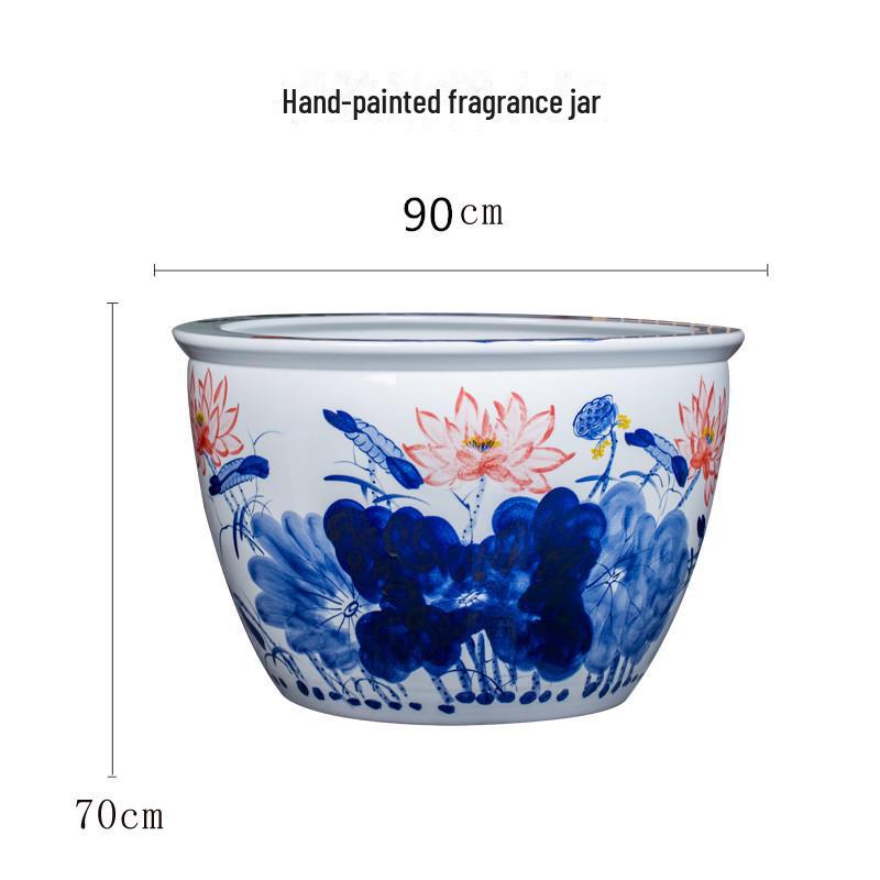 Large Blue and White Porcelain Feng Shui Lotus Jar for Courtyard