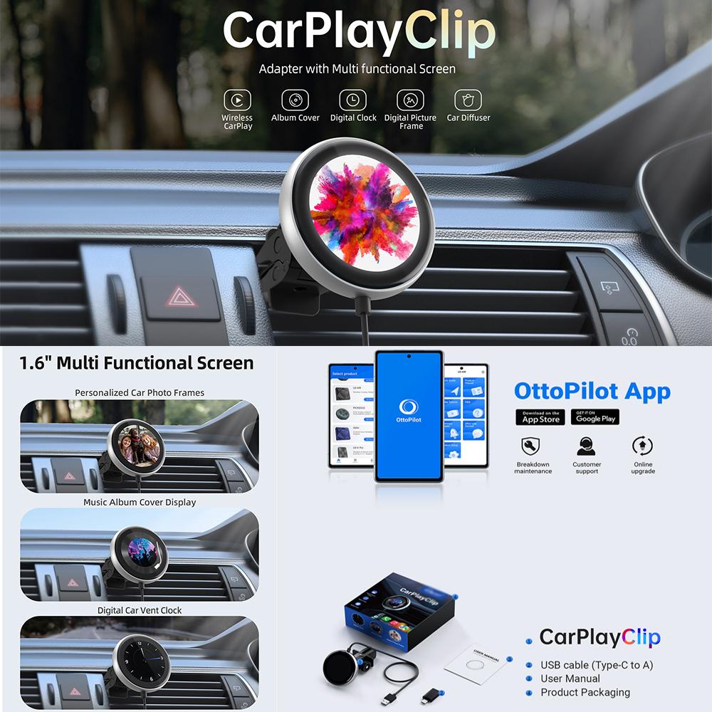 1,6-дюймовый беспроводной Carplay Clip Двухъядерный 1,0 ГГц ARM Cortex A7 Автомобильные цифровые часы Фоторамка Wifi Bluetooth Carplay Clip