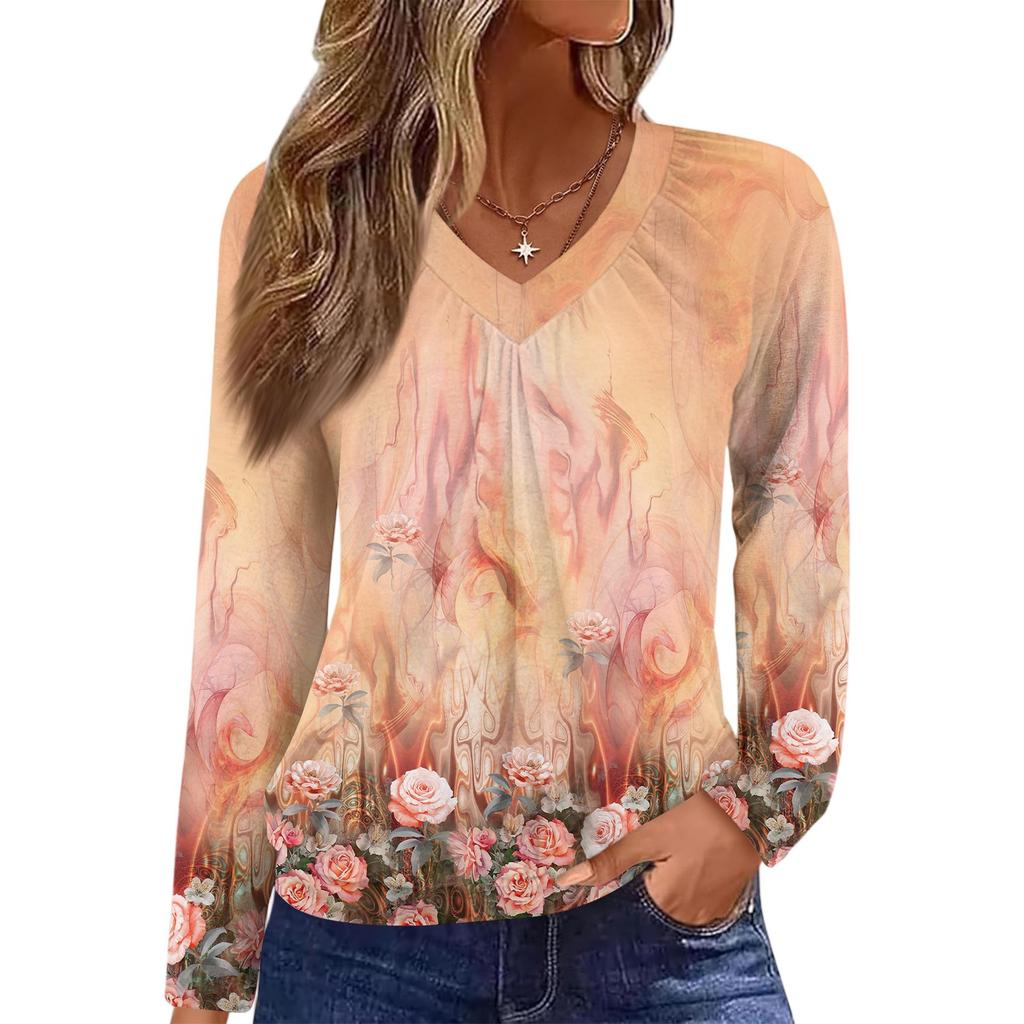 Женский повседневный модный топ с V-образным вырезом, рукавами реглан, плиссировкой и цветочным принтом, с длинным рукавом