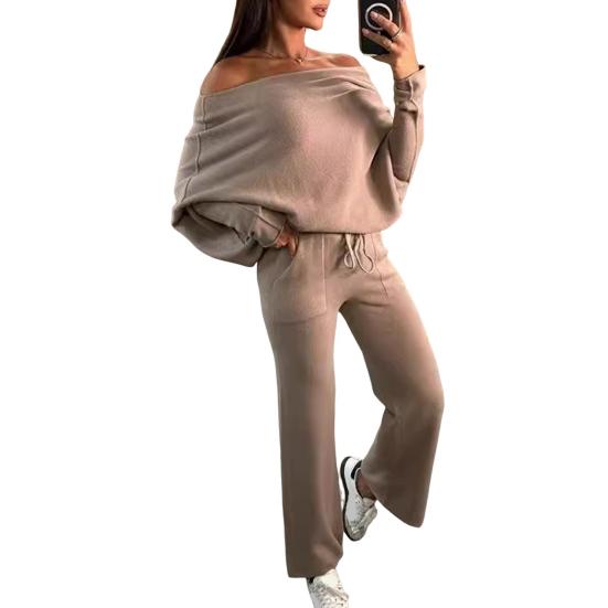 2 шт./комплект женский топ брюки комплект с открытыми плечами длинный рукав летучая мышь толстовка эластичный пояс расклешенные спортивные штаны спортивный наряд осенний повседневный спортивный костюм