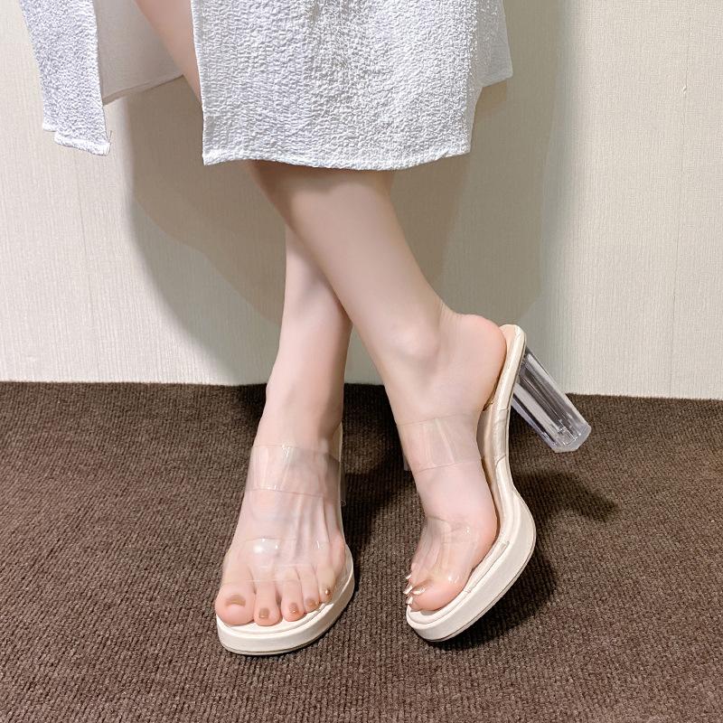 Прозрачные босоножки на высоком каблуке женские 2025 новые летние хрустальный толстый каблук водонепроницаемая платформа большой размер сандалии
