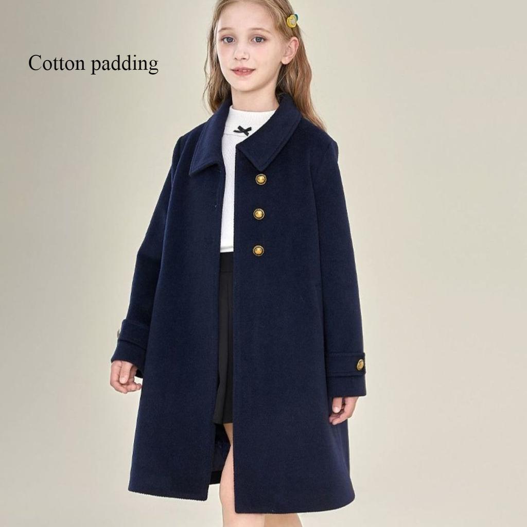 Модное шерстяное пальто для девочек темно-синего цвета, свободное шерстяное пальто с хлопковой подкладкой для детей на осень и зиму