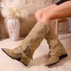 Vintage Wedge Heel Tall Boots Fall Winter New Pointed Toe Suede Side Zip Belt Buckle Soft Sole Single Shoes