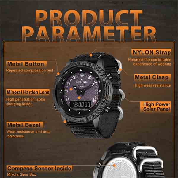 NORTH EDGE Мужские цифровые часы на солнечной энергии, мужские уличные умные часы, цельнометаллические водонепроницаемые часы с компасом 50 м, армейские часы в стиле милитари