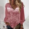 Women V-neck Sequin Long Sleeved Shirt Solid Color Loose Blouse Top Streetwear