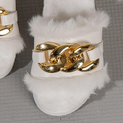 Новая модная открытая пушистая обувь, хлопковые тапочки с металлической цепочкой, женские домашние теплые тапочки для отдыха