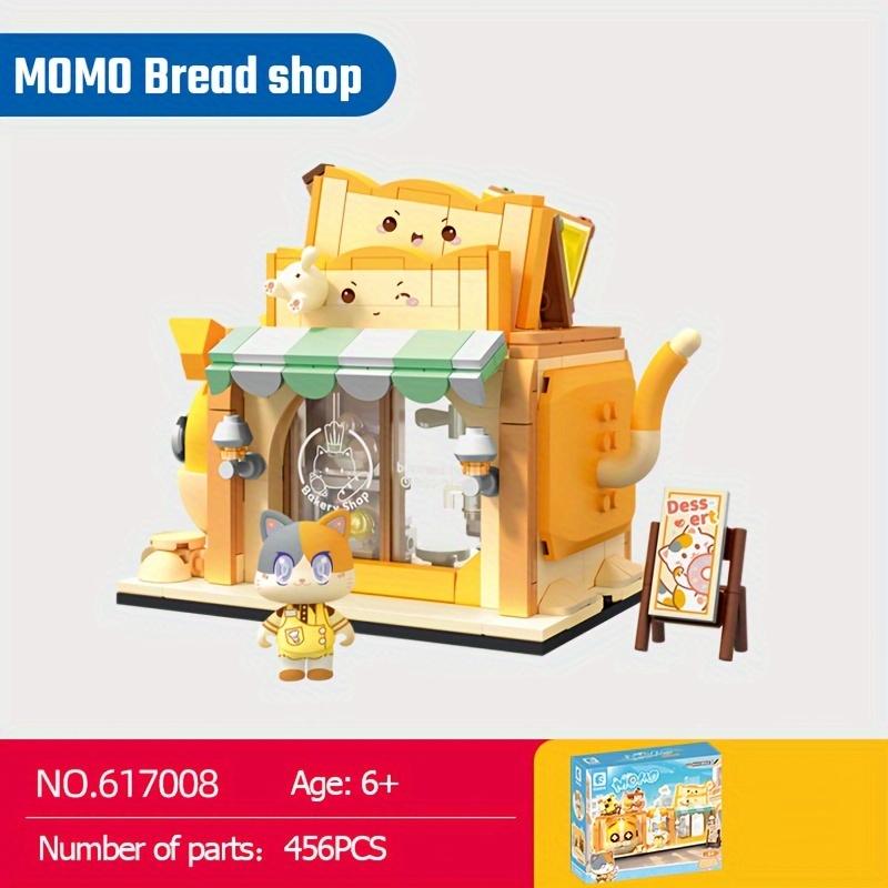 Набор строительных блоков с изображением кошек, кофейней, пекарней и магазином игрушек, вид на город и улицу, идеальный для декора дома и подарков