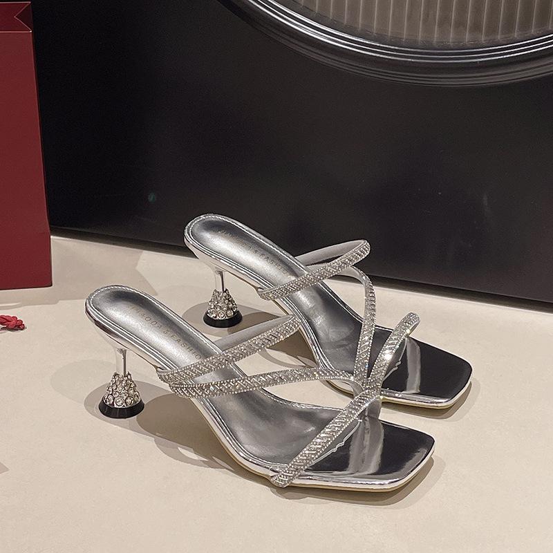 Rhinestone High-heeled Slippers for Women's Summer Outer Wear Fashion 2025 New Models with Skirts, Fitting Room Stiletto with Slippers