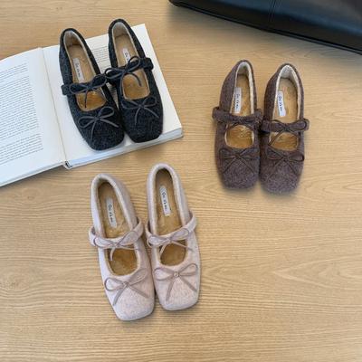 Французские туфли Мэри Джейн на скрытой платформе и из бархата, женские пушистые туфли для ношения осенью и зимой, сказочные твидовые хлопковые туфли с бантом