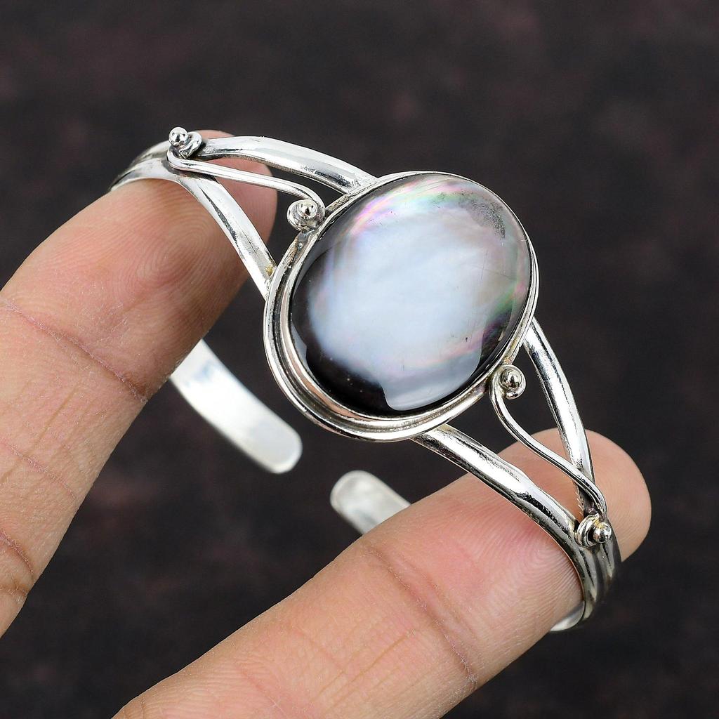 Перламутровый браслет из стерлингового серебра 925 пробы, браслет-манжета, настоящий драгоценный камень, регулируемый браслет, браслет-манжета ручной работы, подарок для мамы, уникальные ювелирные изделия