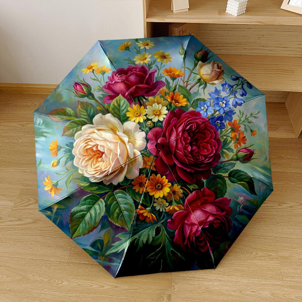 Floral Bouquet Painting Automatic Umbrella Retractable Design With 8Rib Durability Durable Plastic Iron Durable Everyday Carry Umbrella Vibrant
