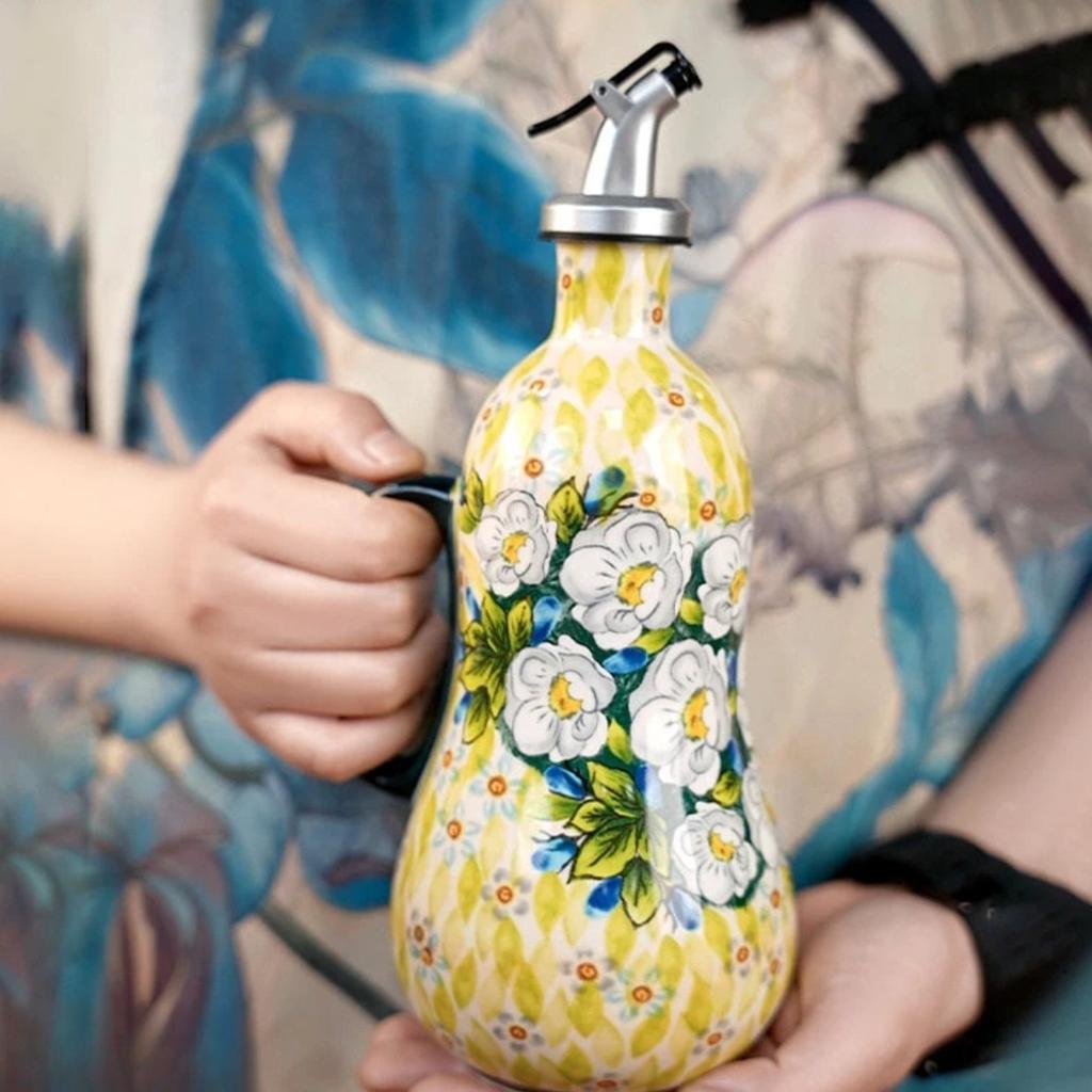 Flowers Plants Ceramic Olive Oil Bottle Soy Sauce Vinegar Multifunctional Kitchen Seasoning Drainage Bottle Kitchen Accessories