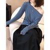 Juzhi Spring Retro Striped Off-Shoulder Slim Fit Long Sleeve T-shirt