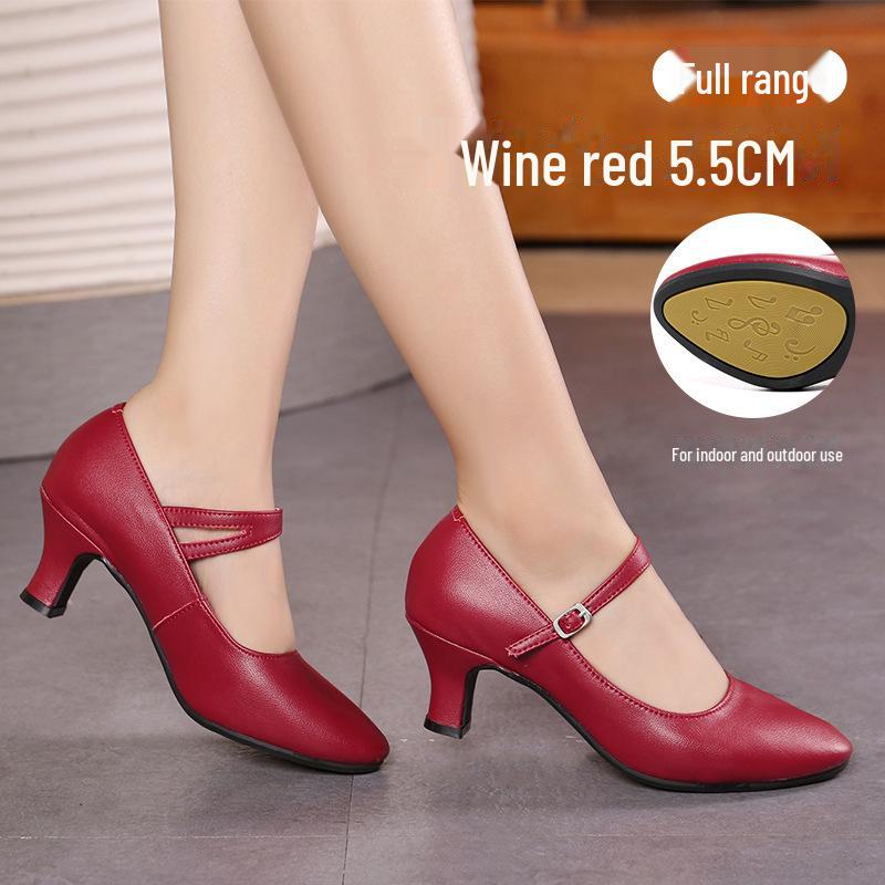 Женские туфли для латинских танцев из натуральной кожи, красная воловья кожа, мягкая подошва, средний/высокий каблук, стиль Square Dance.