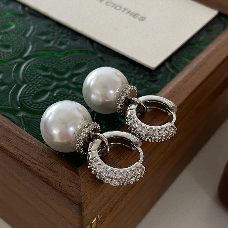 Shijia Pearl Earrings, Earrings, Japanese And Fashion High-End Atmosphere, Full Of Diamonds, Exquisite French Light Luxury Ear Buckles, Women