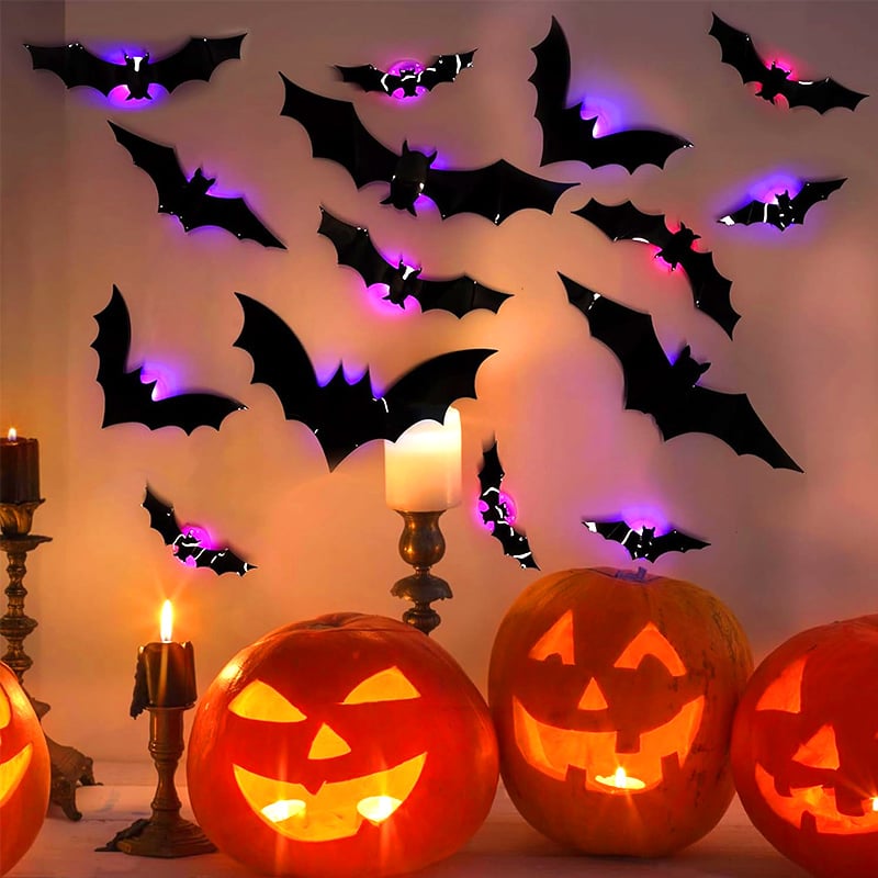 12pcs/set 3D Bat Design LED Decoration, Bat Shaped Wall Sticker, Decorative Light for Home Party Festival, Halloween Decoration