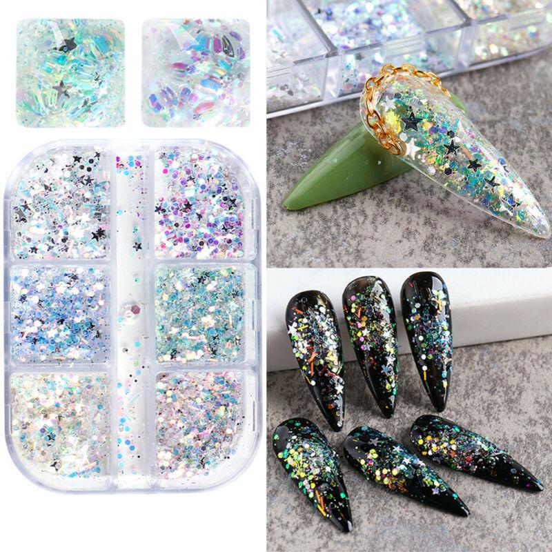 6 сеток/коробка Украшения для ногтей Блестки для ногтей Пудра Блестки Хлопья Аксессуары для ногтей