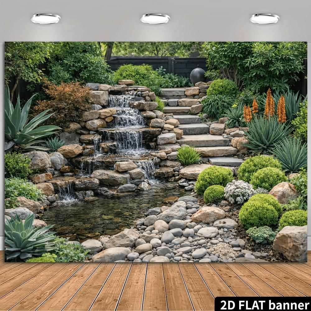 2D planar courtyard stone steps, cascading waterfalls and waterfall background fabric - landscape theme