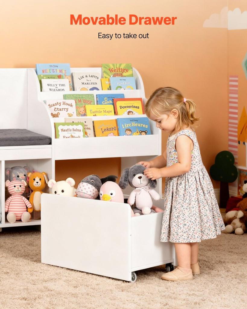 Kids Reading Nook, Wooden Storage Bench with Backrest, Kids Bookshelf & Toy Organizer, Large Toy Box Chest for Playroom, Living Room or Entryway, Easy