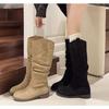 Fashion New Fashion Brown Knee High Suede Boots Women Round Toe Low Heel Over The Knee Boots Slouchy Ruched Knee High Boots Wide Calf