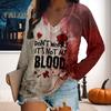 Женская футболка с V-образным вырезом и длинным рукавом с принтом «кровавые буквы», свободный крой, пуловер на Хэллоуин, топы, уличная одежда