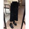 Velvet Sequin High-Waist Midi Skirt - Women's Sparkly Black Slit Skirt, Fall/Winter Trend