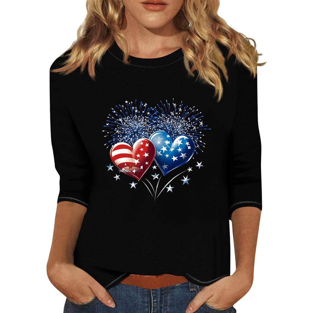 Women's Print Round Neck Top With Three Quarter Sleeves T-Shirt Three Quarter Sleeves T-Shirt