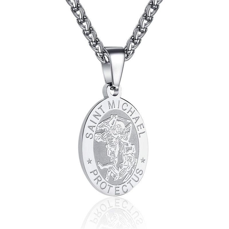 Vintage Oval Coin Pendant Necklace With St Michael Archangel Relief Design Unisex Jewelry