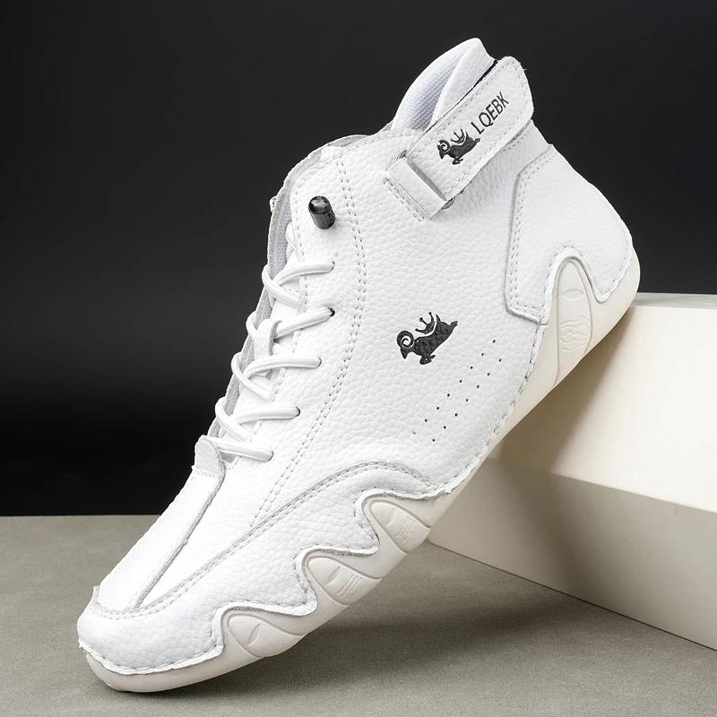 Модные мужские кожаные повседневные кроссовки с мягкой подошвой и круглым носком, удобные мокасины для пары, роскошные модные женские ботильоны для походов, белые теннисные ботинки