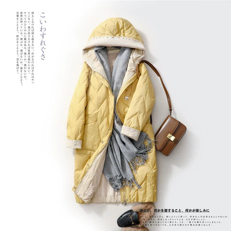 Осень и Зима Свободный Пуховик Женский С Капюшоном Свободный Пуховик Средней Толщины Вязаная Шапка Пух Белой Утки