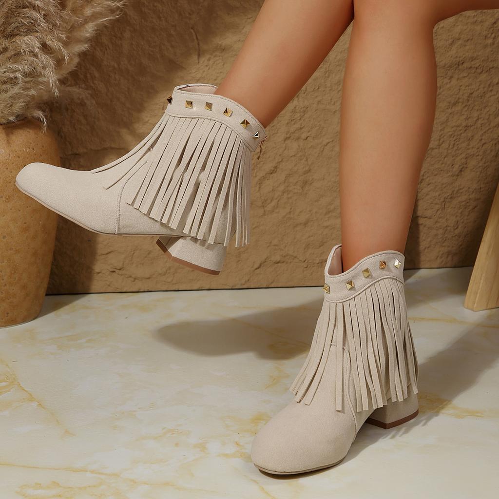 Модные женские ботильоны осень-зима с кисточками и заклепками, женские ботинки с круглым носком, на молнии, модная обувь для отдыха на природе, женские ботинки Botas De Mujer