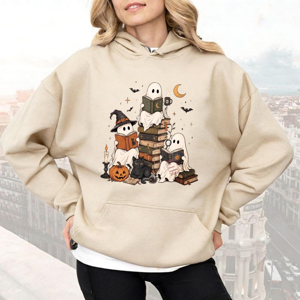 Halloween Book Club Sweatshirt Cute Reading Ghosts and Black Cat Hoodies Funny Spooky Reader Hoodies Book Lover Halloween Hoody