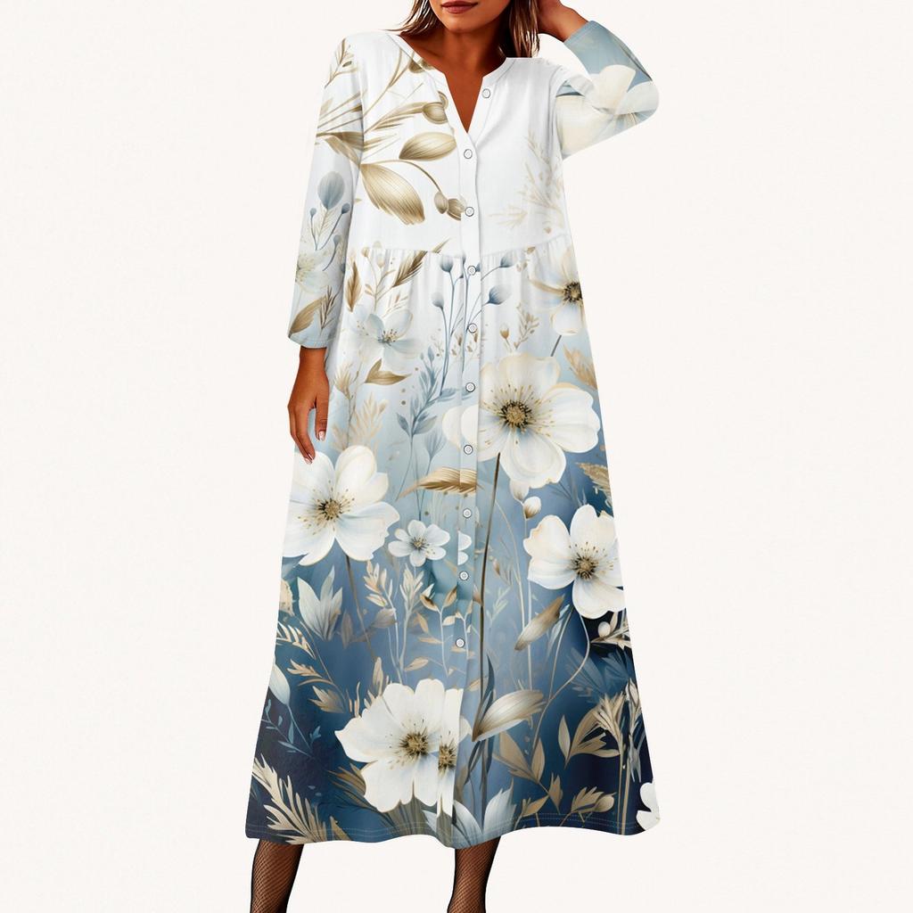 Женское модное платье-рубашка свободного кроя с принтом, круглым вырезом и рукавами семь четвертей на пуговицах