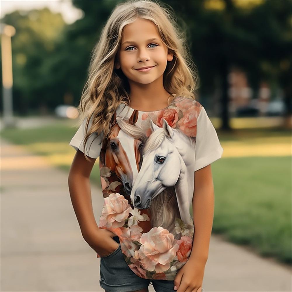 Футболка для девочек Мультяшное животное 3d Лошадь Футболки для девочек Детская подарочная футболка Футболка с коротким рукавом Повседневный топ Футболка Детские футболки