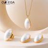 Oval Shell Pendant Necklace Open Ring Stud Earring For Women 18k Gold Plated Stainless Steel Chain Necklaces Rings Earrings Sets