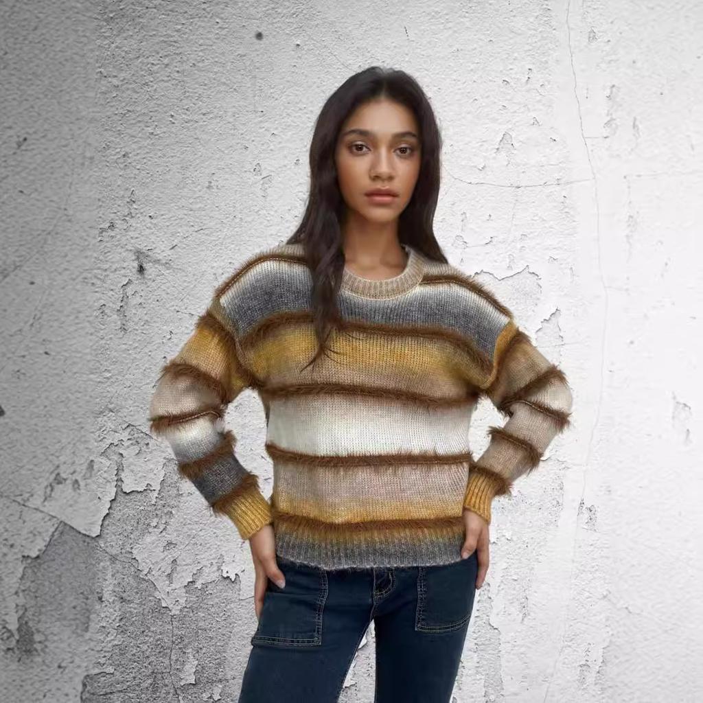 Gradually Change The Contrasting Color Strip Short Sweater Autumn And Winter New Pullover Loose Sleeve Knitted Sweater Top