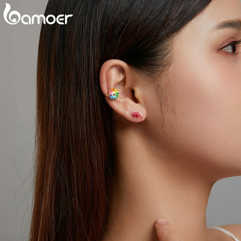 BAMOER стерлингового серебра 925 пробы с эмалью, 1 шт., серьги-клипсы в стиле поп-арт с радужным солнечным цветком для женщин, элегантные ювелирные изделия