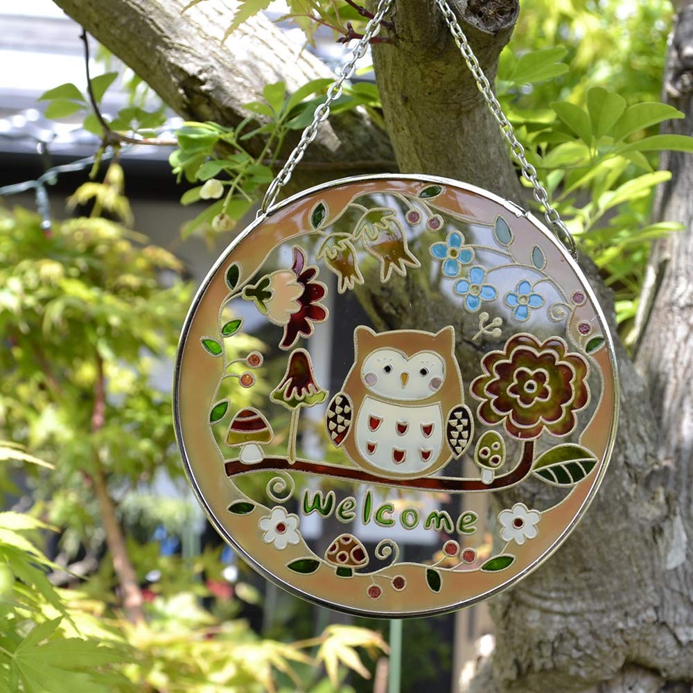 Fourcart Cute Handmade Glass Stained Frame, Fairytale Forest Owl Welcome, Round, Set of 6