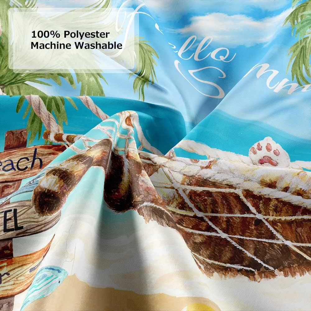 Funny Cat Beach Shower Curtain, Summer Blue Ocean Palm Tree Leaf Nature Bath Curtains, Fun Cute Tropical Decor Waterproof Fabric