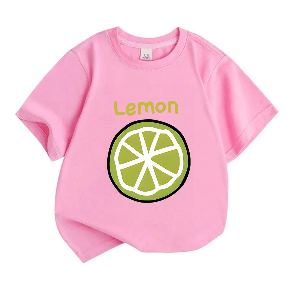 Unisex Kids 100% Cotton Crew Neck Short Sleeve T-Shirt, Cute Lime Lemon Slice Print Casual Tees for Boys Girls Summer Soft Breathable Daily Wear Tops