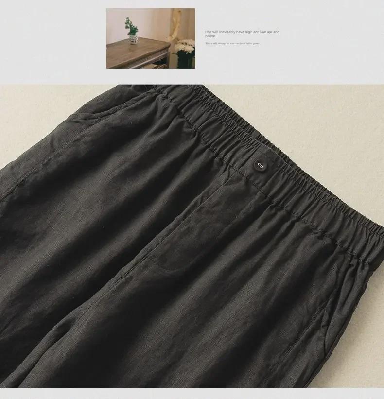 2024 Летние женские ретро-брюки-шаровары из хлопка и льна с эластичной резинкой на талии 