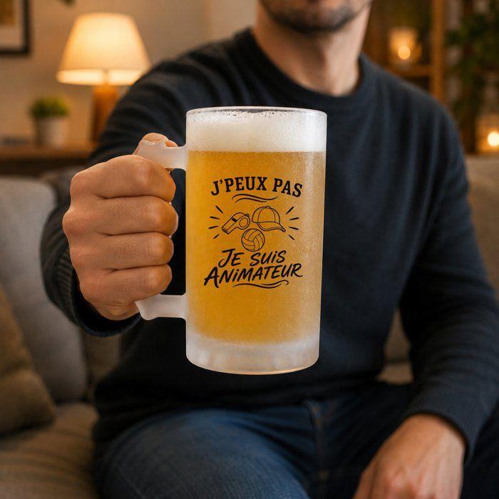 Verre à bière - PLANETEE - J’peux pas je suis Animateur - Givré - Verre trempé 470 ml - Motif minimaliste