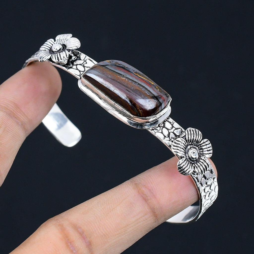 Natural Iron Tiger Eye Gemstone Bangle Flower Adjustable 925 Silver For Girls