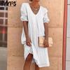 Women's Fashion Summer Spring Solid Color Print Short Sleeve V-Neck Loose Waistline Casual Dresses